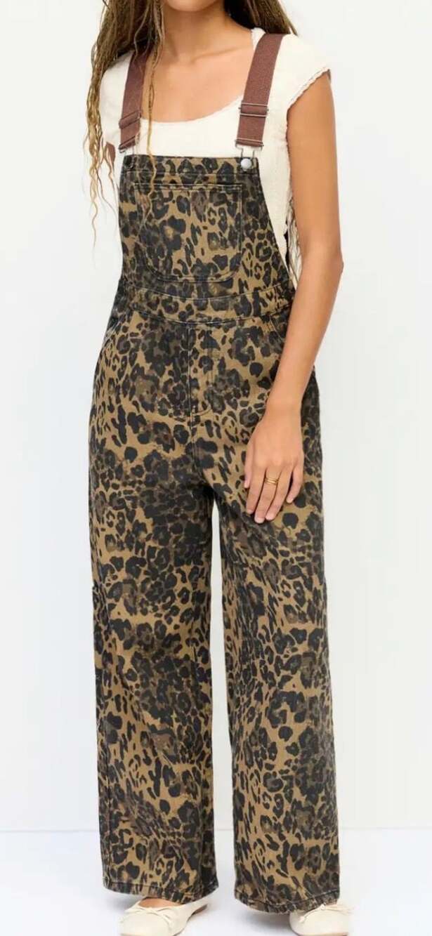Cider Leopard Print Wide Leg Bib Overalls Jumpsuit  Medium